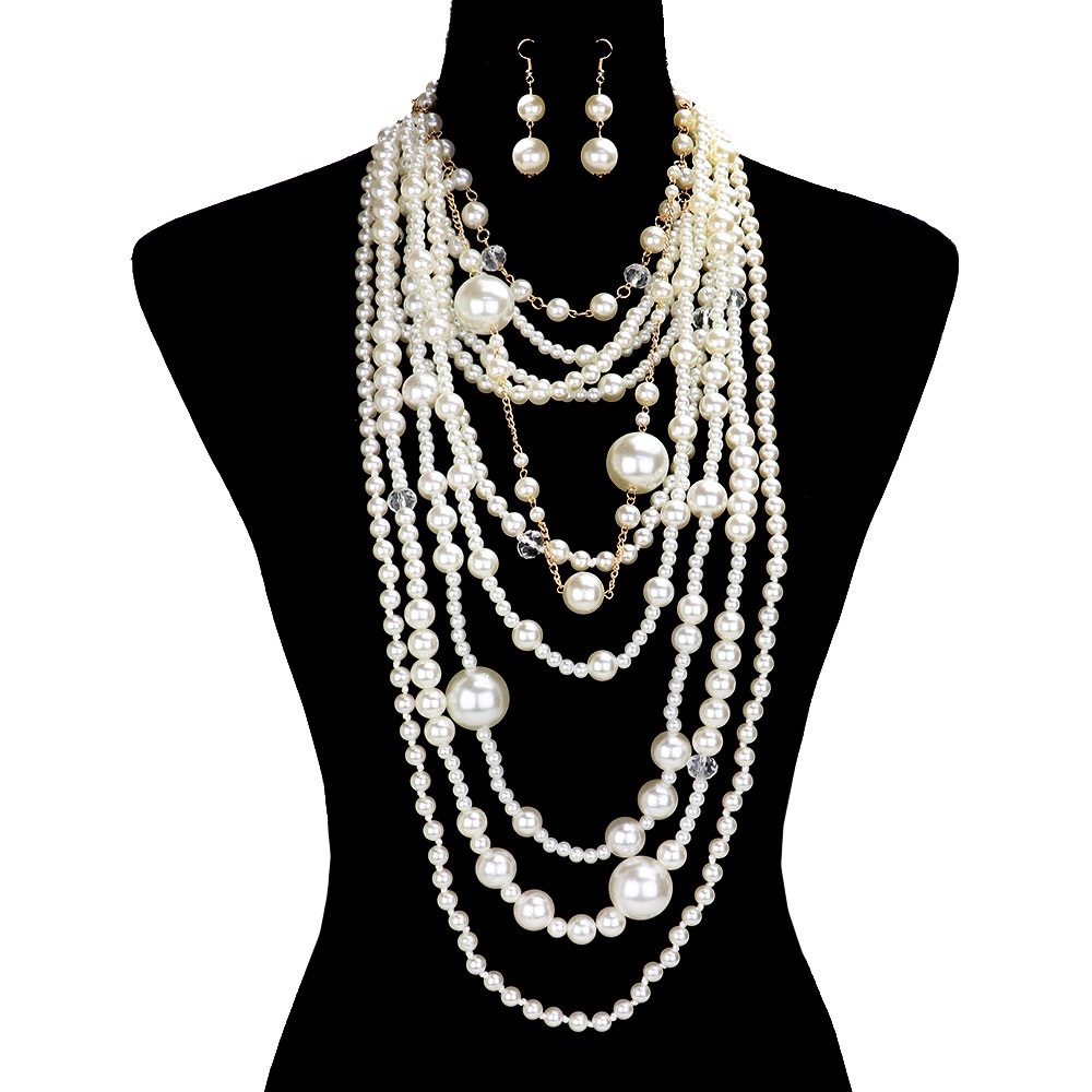 🎉Free Earrings 🎊 Long Luxe Multi Strand Pearl Choker Necklace